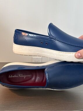 Salvatore Ferragamo Men’s Navy Blue Slip-On Loafers with White Soles